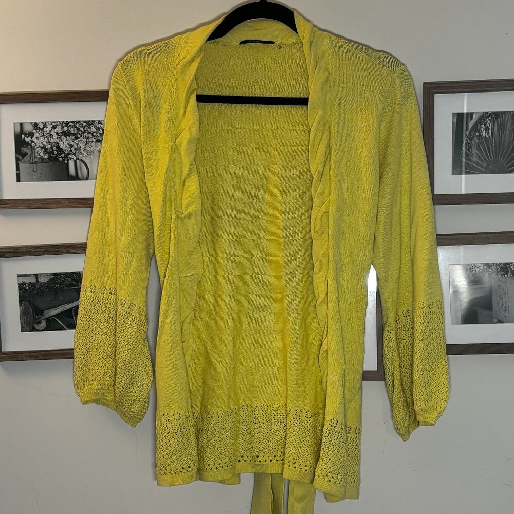 Tahari Yellow Open Front Knit Cardigan with Tie Waist